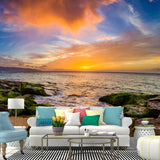 Tropical Sunset Rocky Bay Mural for Living Room Personalized Wall Decor in Blue-Green Clearhalo 'Wall Decor' 'Wall Mural' 1468779