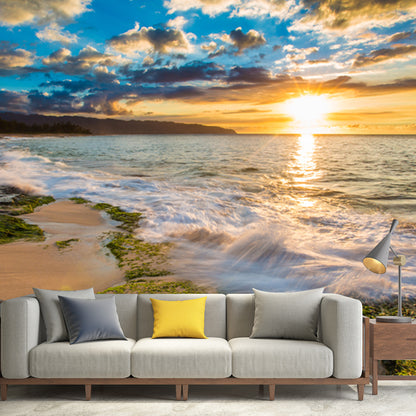 Photo Print Sea Sundown Mural Wallpaper for Hallway, Yellow-Blue, Personalized Size Yellow-Blue Clearhalo 'Wall Decor' 'Wall Mural' 1468792