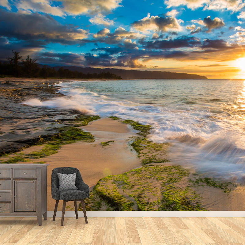 Photo Print Sea Sundown Mural Wallpaper for Hallway, Yellow-Blue, Personalized Size Clearhalo 'Wall Decor' 'Wall Mural' 1468793