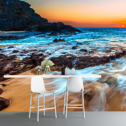 Rock and Sunset Seascapes Mural Yellow-Blue Modern Style Wall Decor for Living Room Yellow-Blue Clearhalo 'Wall Decor' 'Wall Mural' 1468797