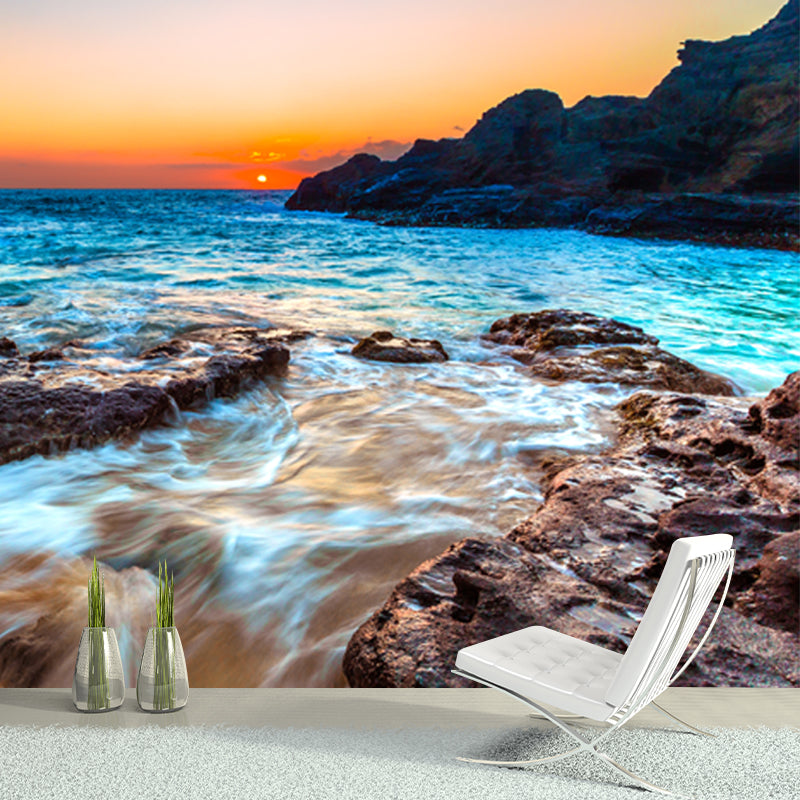 Rock and Sunset Seascapes Mural Yellow-Blue Modern Style Wall Decor for Living Room Clearhalo 'Wall Decor' 'Wall Mural' 1468798