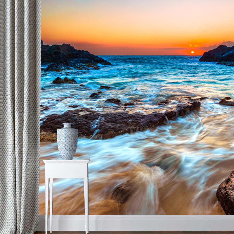 Rock and Sunset Seascapes Mural Yellow-Blue Modern Style Wall Decor for Living Room Clearhalo 'Wall Decor' 'Wall Mural' 1468799