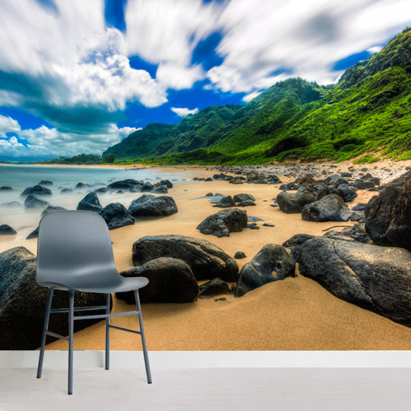 Photography Seashore Rocks Mural Decal Whole Wall Covering for Bedroom, Made to Measure Yellow-Green Clearhalo 'Wall Decor' 'Wall Mural' 1468802