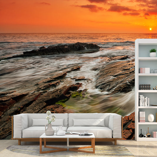 Yellow Eventide Scenery Wall Mural Ocean Rock Tropix Stain Proof Wall Art for Home Clearhalo 'Wall Decor' 'Wall Mural' 1468809
