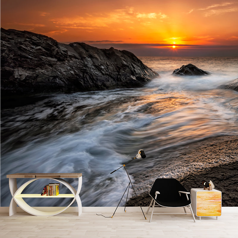 Yellow Sunset with Surge Mural Waterproof Wall Covering for Accent Wall, Size Optional Clearhalo 'Wall Decor' 'Wall Mural' 1468818