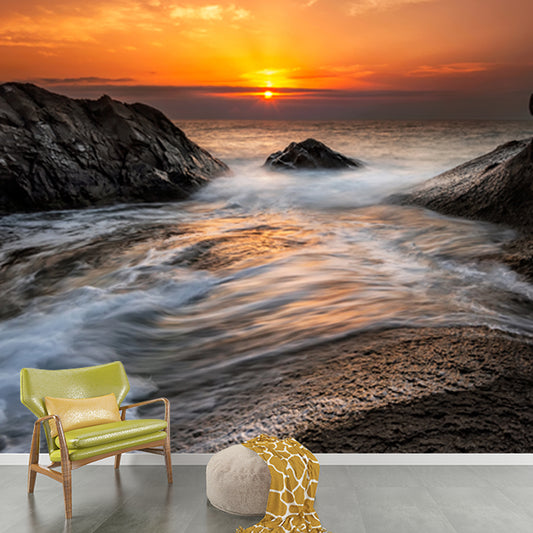 Yellow Sunset with Surge Mural Waterproof Wall Covering for Accent Wall, Size Optional Clearhalo 'Wall Decor' 'Wall Mural' 1468819