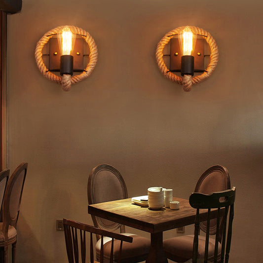 Roped Round/Oval Wall Light with Bare Bulb Nautical Style 1 Light Restaurant Wall Sconce Lighting in Black Black Round Clearhalo 'Art deco wall lights' 'Cast Iron' 'Glass' 'Industrial wall lights' 'Industrial' 'Middle century wall lights' 'Modern' 'Rustic wall lights' 'Tiffany' 'Traditional wall lights' 'Wall Lamps & Sconces' 'Wall Lights' Lighting' 146881