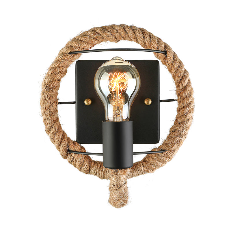 Roped Round/Oval Wall Light with Bare Bulb Nautical Style 1 Light Restaurant Wall Sconce Lighting in Black Clearhalo 'Art deco wall lights' 'Cast Iron' 'Glass' 'Industrial wall lights' 'Industrial' 'Middle century wall lights' 'Modern' 'Rustic wall lights' 'Tiffany' 'Traditional wall lights' 'Wall Lamps & Sconces' 'Wall Lights' Lighting' 146882