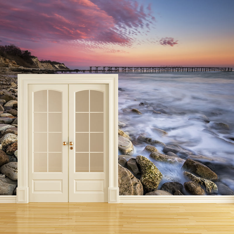Pink-Blue Tropix Mural Full Size Rock Seashore with Distant Bridge at Dusk Wall Decor for Bedroom Pink-Blue Clearhalo 'Wall Decor' 'Wall Mural' 1468827
