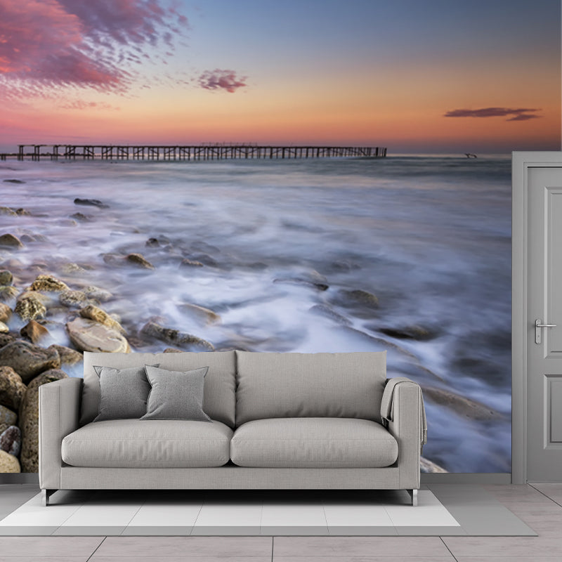Pink-Blue Tropix Mural Full Size Rock Seashore with Distant Bridge at Dusk Wall Decor for Bedroom Clearhalo 'Wall Decor' 'Wall Mural' 1468828