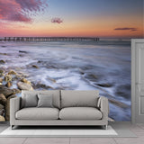 Pink-Blue Tropix Mural Full Size Rock Seashore with Distant Bridge at Dusk Wall Decor for Bedroom Clearhalo 'Wall Decor' 'Wall Mural' 1468828