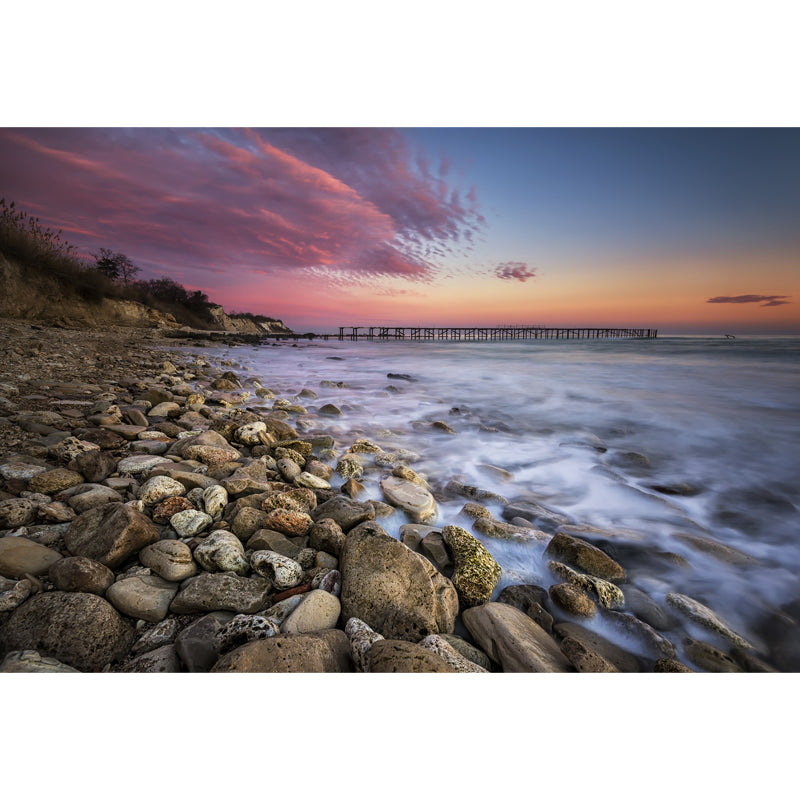 Pink-Blue Tropix Mural Full Size Rock Seashore with Distant Bridge at Dusk Wall Decor for Bedroom Clearhalo 'Wall Decor' 'Wall Mural' 1468830