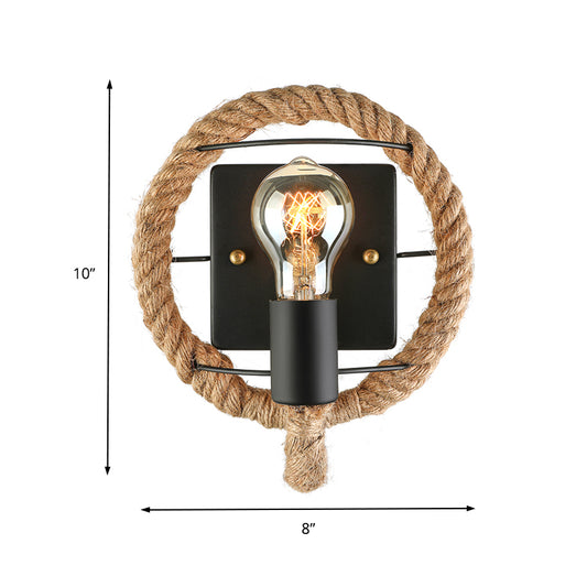 Roped Round/Oval Wall Light with Bare Bulb Nautical Style 1 Light Restaurant Wall Sconce Lighting in Black Clearhalo 'Art deco wall lights' 'Cast Iron' 'Glass' 'Industrial wall lights' 'Industrial' 'Middle century wall lights' 'Modern' 'Rustic wall lights' 'Tiffany' 'Traditional wall lights' 'Wall Lamps & Sconces' 'Wall Lights' Lighting' 146883