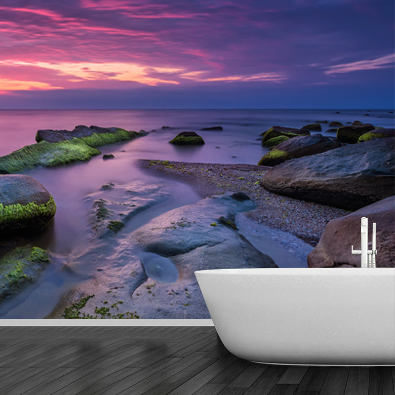 Photography Coast at Sunset Mural Wallpaper for Home, Purple-Green, Made to Measure Clearhalo 'Wall Decor' 'Wall Mural' 1468844