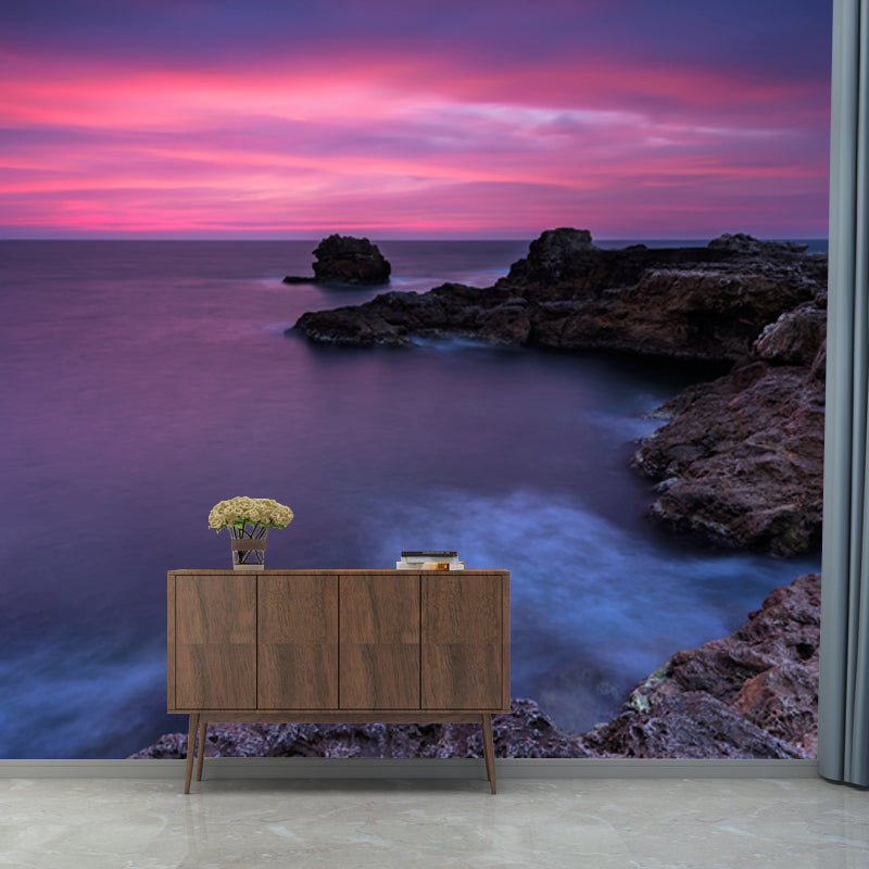 Purple-Blue Tropical Wall Mural Whole Sea with Rock Bay at Dusk Wall Art for Bedroom Purplish Blue Clearhalo 'Wall Decor' 'Wall Mural' 1468857