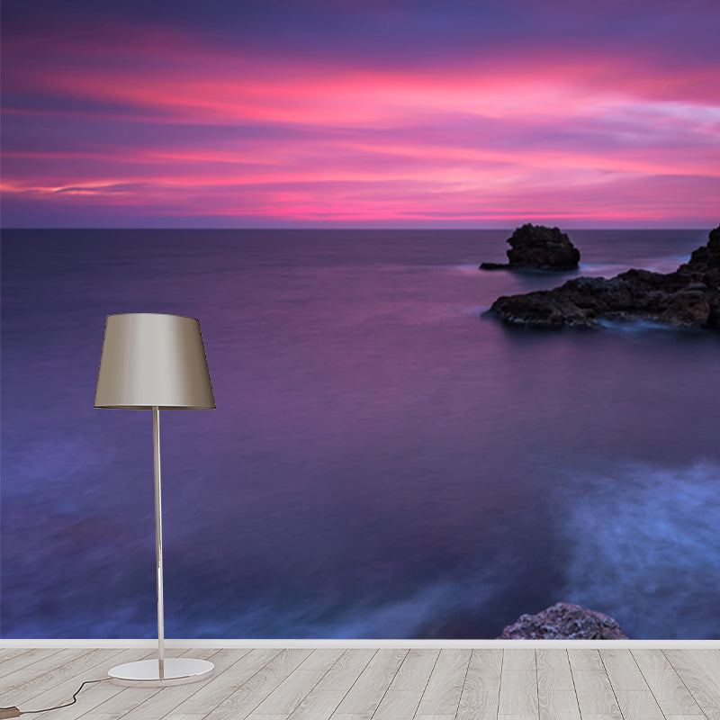 Purple-Blue Tropical Wall Mural Whole Sea with Rock Bay at Dusk Wall Art for Bedroom Clearhalo 'Wall Decor' 'Wall Mural' 1468858