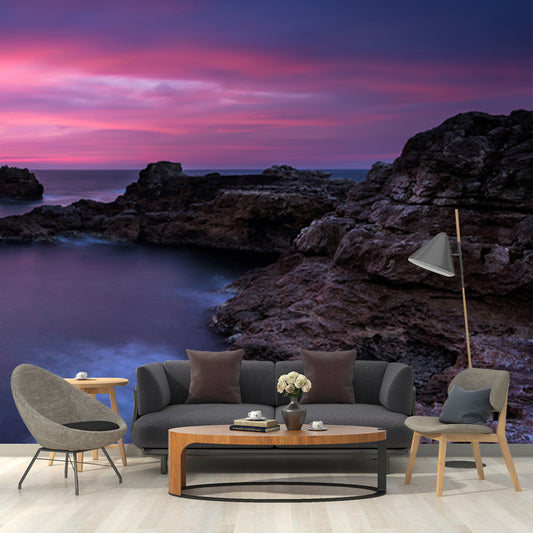 Purple-Blue Tropical Wall Mural Whole Sea with Rock Bay at Dusk Wall Art for Bedroom Clearhalo 'Wall Decor' 'Wall Mural' 1468859
