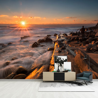 Non-Woven Washable Mural Contemporary Man in Rock Coast at Sunset Wall Decor in Yellow-Blue Yellow-Blue Clearhalo 'Wall Decor' 'Wall Mural' 1468862