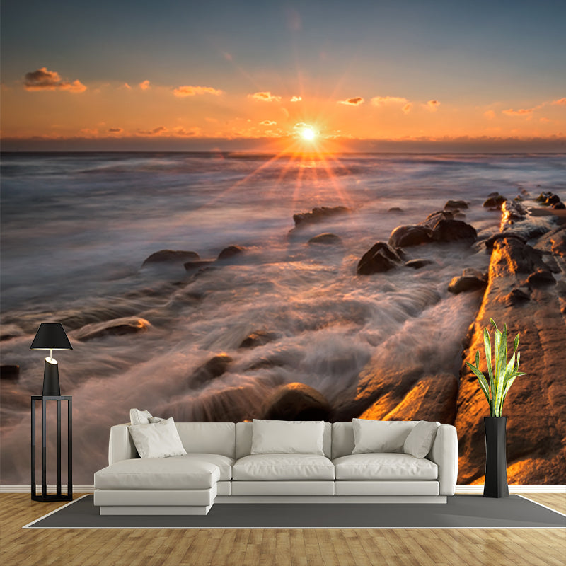 Non-Woven Washable Mural Contemporary Man in Rock Coast at Sunset Wall Decor in Yellow-Blue Clearhalo 'Wall Decor' 'Wall Mural' 1468863