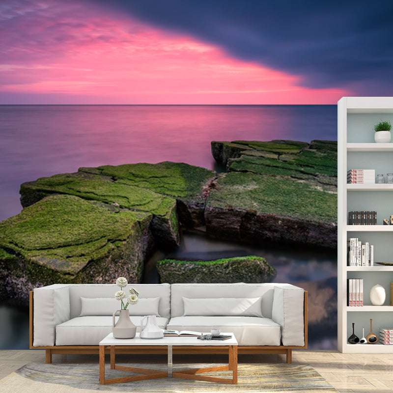 Pink-Blue Sunset Ocean Mural Decal Stone with Grass Modern Waterproof Wall Covering Clearhalo 'Wall Decor' 'Wall Mural' 1468868