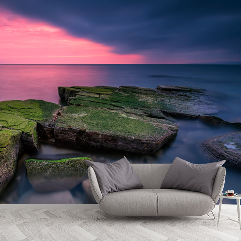 Pink-Blue Sunset Ocean Mural Decal Stone with Grass Modern Waterproof Wall Covering Clearhalo 'Wall Decor' 'Wall Mural' 1468869