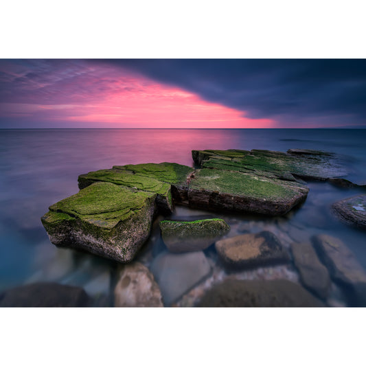 Pink-Blue Sunset Ocean Mural Decal Stone with Grass Modern Waterproof Wall Covering Clearhalo 'Wall Decor' 'Wall Mural' 1468870