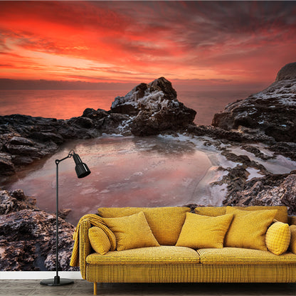 Puddle on Rock Sunset Mural Tropix Non-Woven Material Wall Covering in Orange for Home Orange Clearhalo 'Wall Decor' 'Wall Mural' 1468882