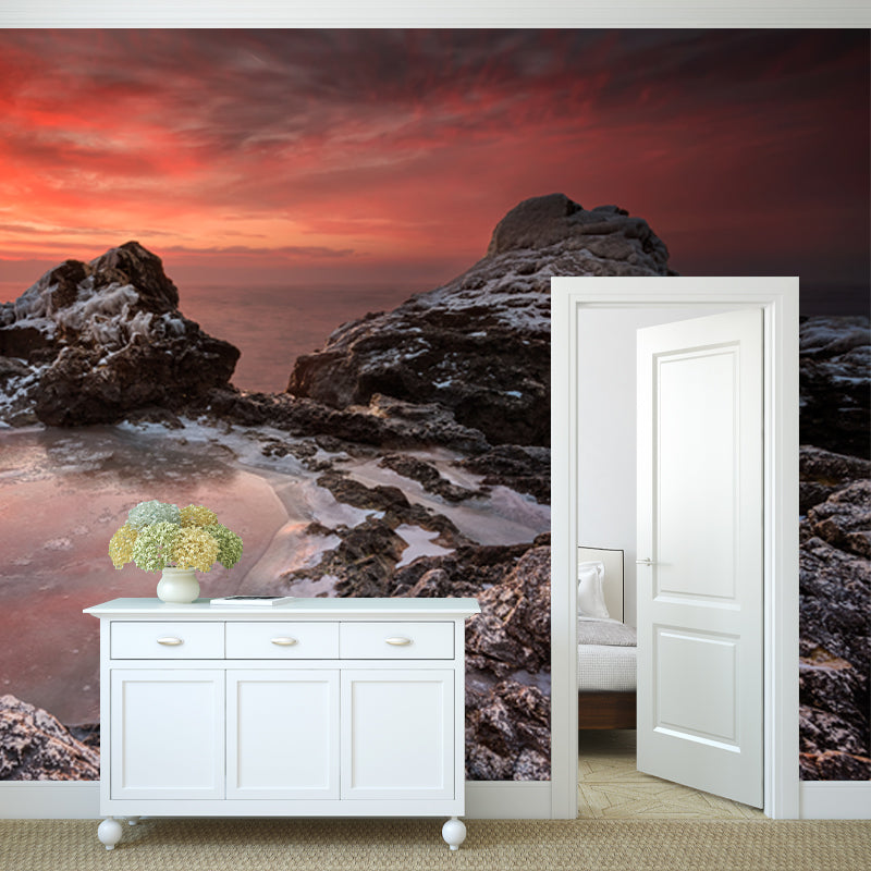 Puddle on Rock Sunset Mural Tropix Non-Woven Material Wall Covering in Orange for Home Clearhalo 'Wall Decor' 'Wall Mural' 1468883