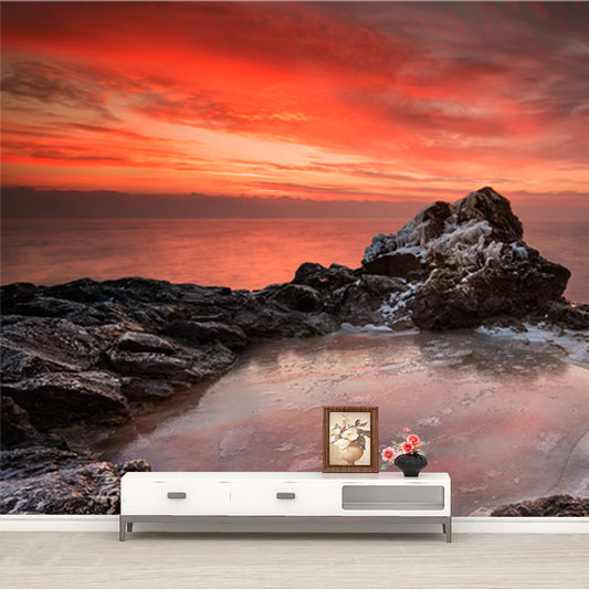 Puddle on Rock Sunset Mural Tropix Non-Woven Material Wall Covering in Orange for Home Clearhalo 'Wall Decor' 'Wall Mural' 1468884