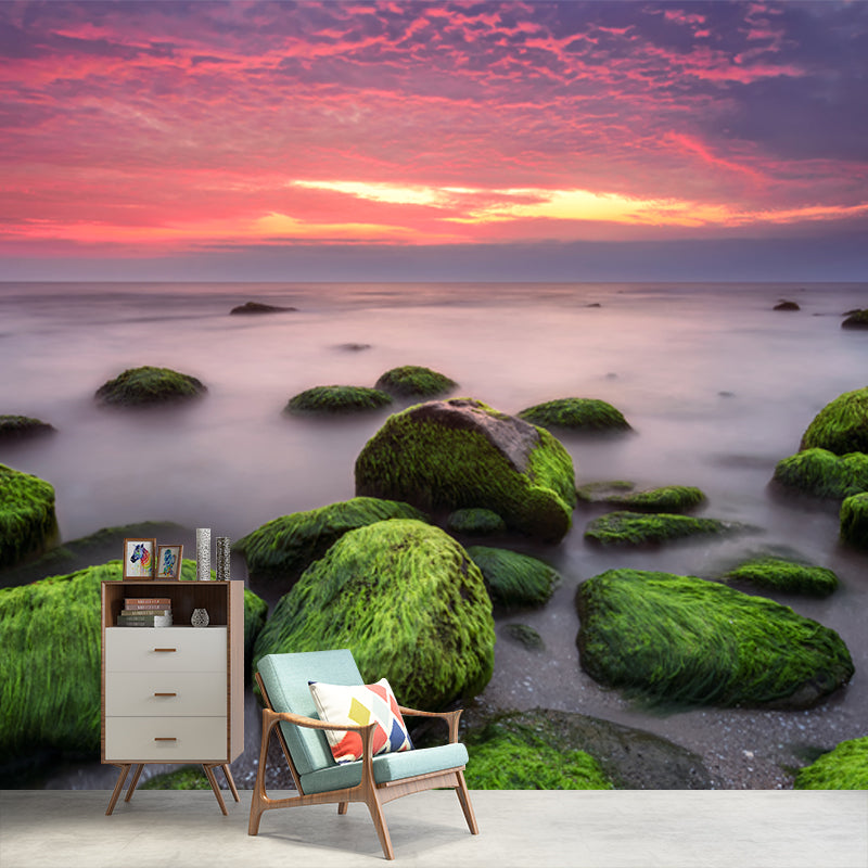 Moss Rocks in Sea Mural Wallpaper in Blue-Green Tropical Wall Decor for Living Room Aqua Clearhalo 'Wall Decor' 'Wall Mural' 1468892