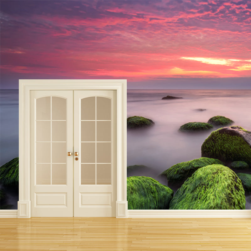 Moss Rocks in Sea Mural Wallpaper in Blue-Green Tropical Wall Decor for Living Room Clearhalo 'Wall Decor' 'Wall Mural' 1468893