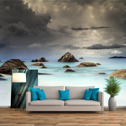 Blue-White Tropics Wallpaper Mural Whole Sea Rocks with Dark Cloud Sky Wall Art for Home Blue-White Clearhalo 'Wall Decor' 'Wall Mural' 1468902