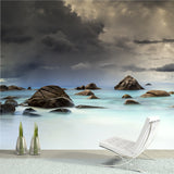 Blue-White Tropics Wallpaper Mural Whole Sea Rocks with Dark Cloud Sky Wall Art for Home Clearhalo 'Wall Decor' 'Wall Mural' 1468903
