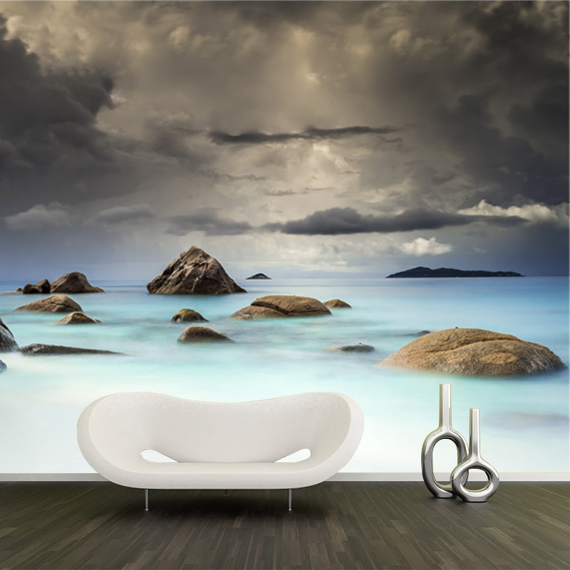 Blue-White Tropics Wallpaper Mural Whole Sea Rocks with Dark Cloud Sky Wall Art for Home Clearhalo 'Wall Decor' 'Wall Mural' 1468904