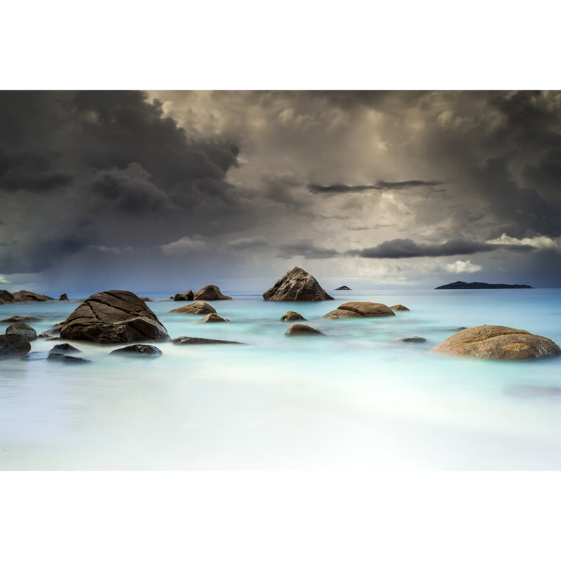 Blue-White Tropics Wallpaper Mural Whole Sea Rocks with Dark Cloud Sky Wall Art for Home Clearhalo 'Wall Decor' 'Wall Mural' 1468905