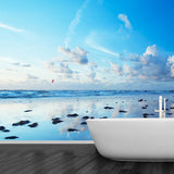 Tranquil Sea Mirror Mural Wallpaper for Living Room, Blue, Custom Size Available