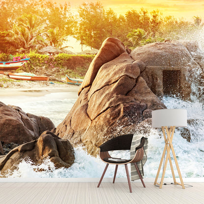 Gold Splashes on Stone Mural Decal Sunset Tropical Waterproof Wall Decor for Hallway Golden Clearhalo 'Wall Decor' 'Wall Mural' 1468912