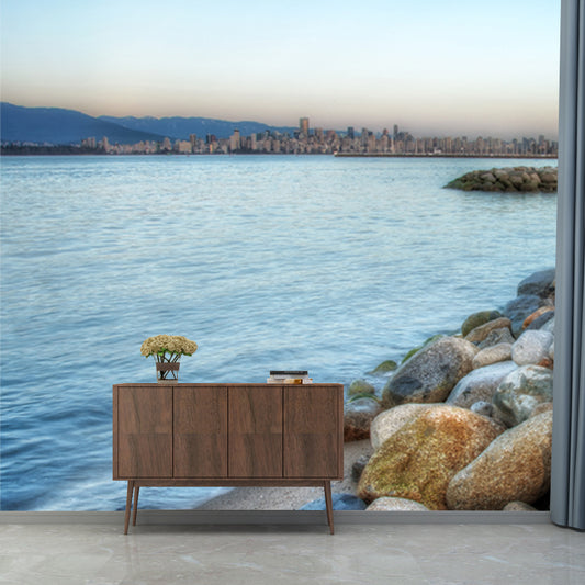 Large Tropical Mural Blue Seashore Pebbles and City View Wall Decor, Made to Measure Clearhalo 'Wall Decor' 'Wall Mural' 1468973