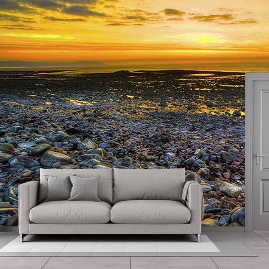Yellow Sea Sunset Scene Mural Cobblestones Tropics Stain-Proof Wall Covering for Stairs Clearhalo 'Wall Decor' 'Wall Mural' 1468993