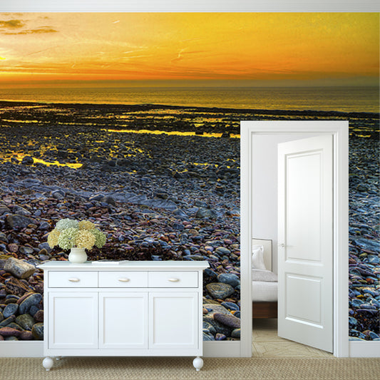 Yellow Sea Sunset Scene Mural Cobblestones Tropics Stain-Proof Wall Covering for Stairs Clearhalo 'Wall Decor' 'Wall Mural' 1468994
