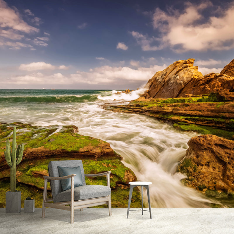 Sea Tide and Rock Mural Wallpaper Blue-Brown Tropical Wall Covering for Living Room Blue Clearhalo 'Wall Decor' 'Wall Mural' 1469007