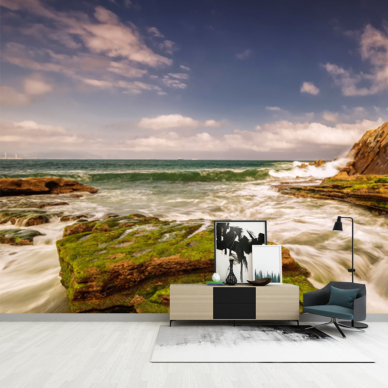 Sea Tide and Rock Mural Wallpaper Blue-Brown Tropical Wall Covering for Living Room Clearhalo 'Wall Decor' 'Wall Mural' 1469008