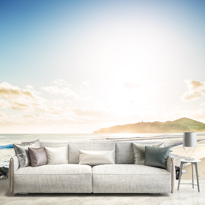 Seashore Rocks and Island Mural Tropical Non-Woven Material Wall Art in Blue for Home Blue Clearhalo 'Wall Decor' 'Wall Mural' 1469017