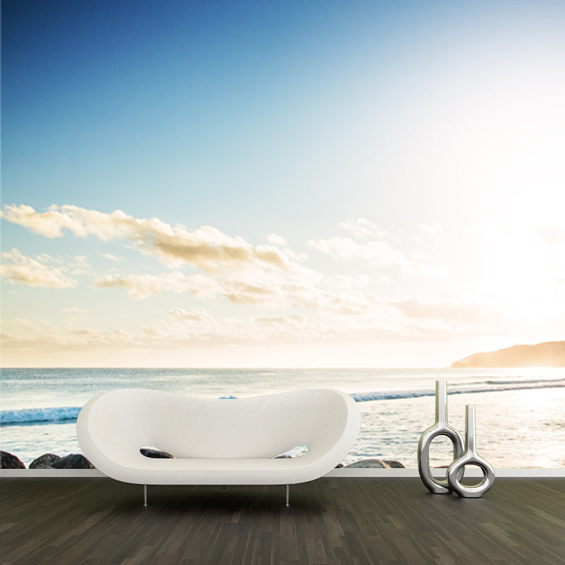 Seashore Rocks and Island Mural Tropical Non-Woven Material Wall Art in Blue for Home Clearhalo 'Wall Decor' 'Wall Mural' 1469018