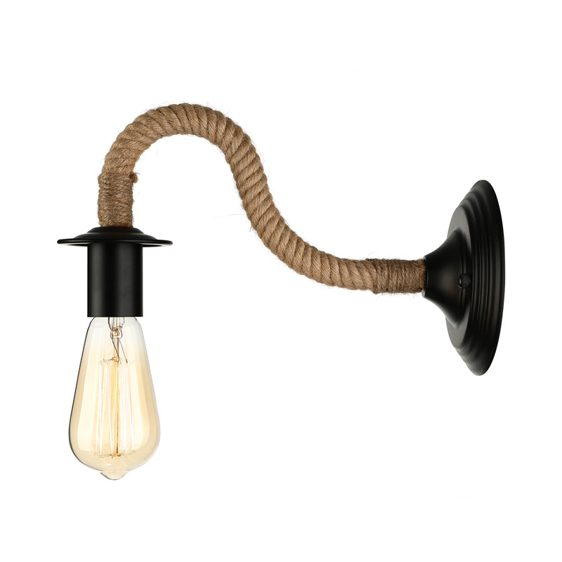 Black Finish 1 Head Wall Mount Light Industrial Roped Gooseneck Arm/Circle Wall Lighting for Balcony Clearhalo 'Art deco wall lights' 'Cast Iron' 'Glass' 'Industrial wall lights' 'Industrial' 'Middle century wall lights' 'Modern' 'Rustic wall lights' 'Tiffany' 'Traditional wall lights' 'Wall Lamps & Sconces' 'Wall Lights' Lighting' 146902