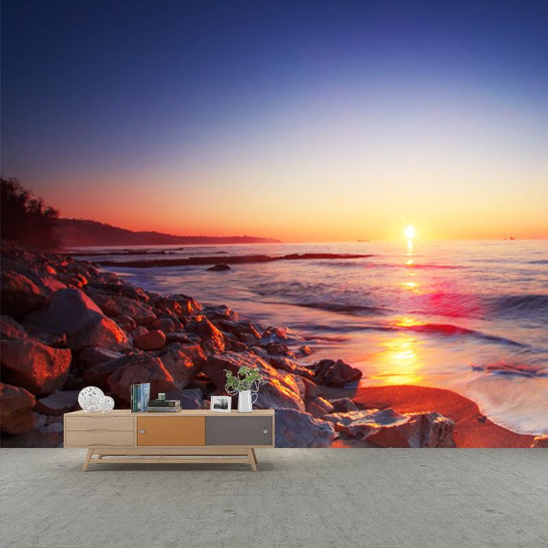 Purple Tropical Wall Paper Mural Full-Size Sundown Rocky Coast Wall Decor for Bedroom Clearhalo 'Wall Decor' 'Wall Mural' 1469028
