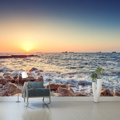 Tropic Ocean Rocky Bay Mural Wallpaper Blue Sunset Scenery Wall Art, Customization Blue Clearhalo 'Wall Decor' 'Wall Mural' 1469032