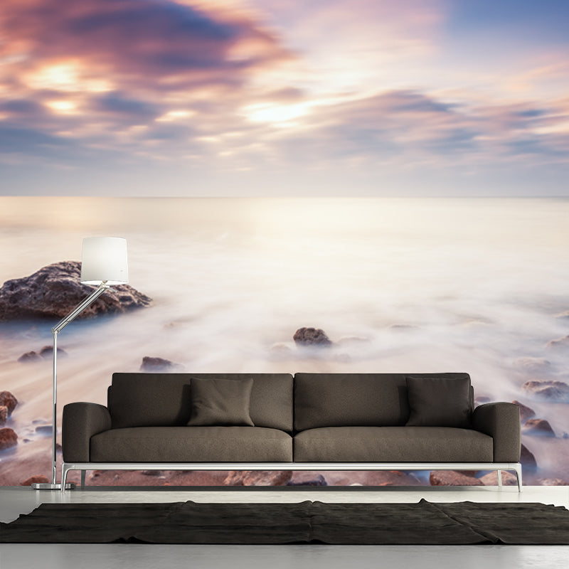 Evening Tide with Rock Mural Tropix Smooth Wall Decor in White for Living Room, Optional Size White Clearhalo 'Wall Decor' 'Wall Mural' 1469037