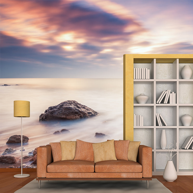 Evening Tide with Rock Mural Tropix Smooth Wall Decor in White for Living Room, Optional Size Clearhalo 'Wall Decor' 'Wall Mural' 1469038