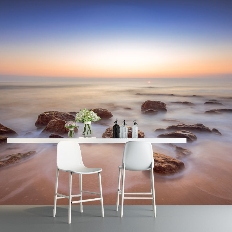 Large Modern Mural Blue Sunset Skyline with Beach Rocks Scenery Wall Covering, Custom Print Blue Clearhalo 'Wall Decor' 'Wall Mural' 1469042
